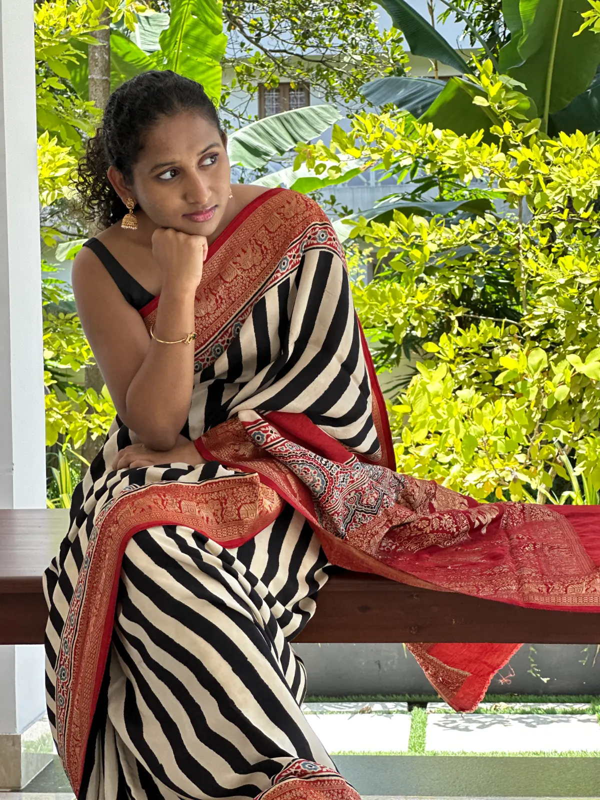 Red And Black Dola Silk Saree With Ajrakh Hand Block Print And Fancy Zari Border Pd010 1